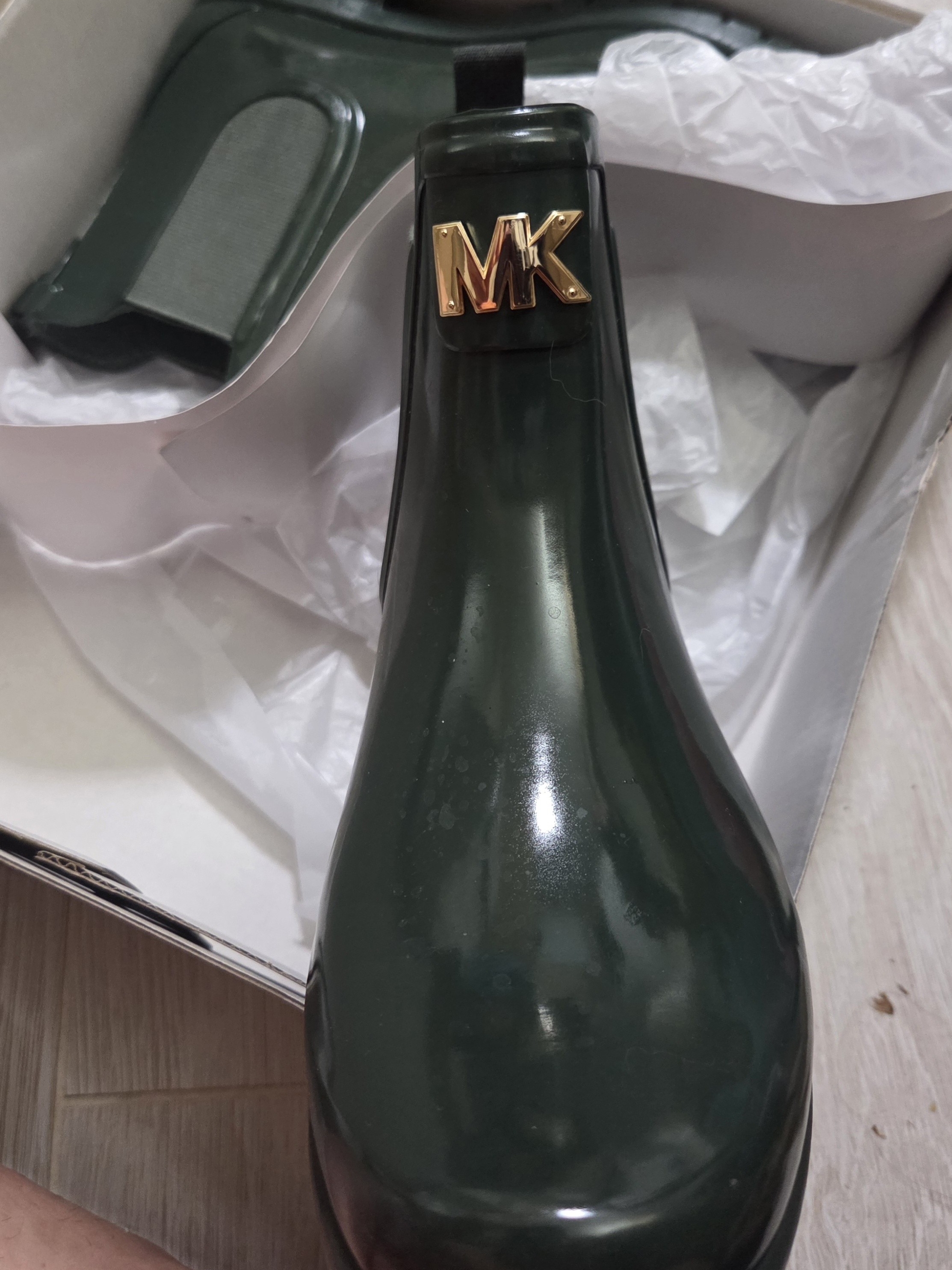 Michael Kors Dark Green Jelly Rain Boots With Gold Mk Logo